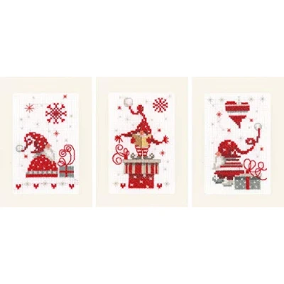 Afbeelding van Vervaco Kerstkabouters met cadeaus set van 3 wenskaarten borduren PN 0165989