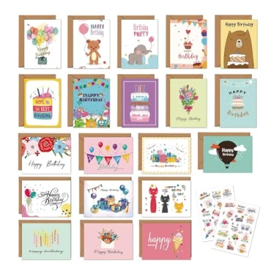 Afbeelding van Set van 20 hoogwaardige verjaardagskaarten met envelop, Happy Birthday, vouwkaarten, voor kinderen, klein