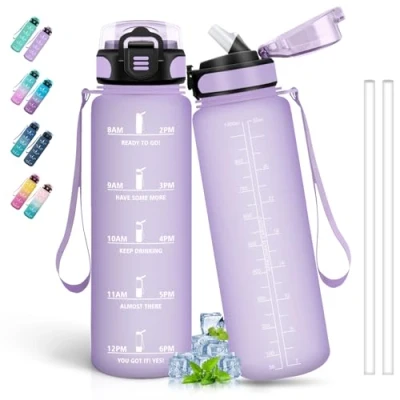 Afbeelding van gourde de 1 l avec paille, sport marqueur temps, pour boissons gazeuses, peut être transportée vous, bouteille d&#039;eau fitness, camping, randonnée, violet