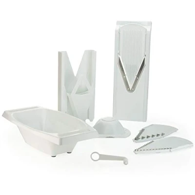 Afbeelding van Börner Mandoline V3 TrendLine speciale set (7 delig) groenterasp (V rasp) + opvangbak fruithouder vakken keukenschaafset (wit)