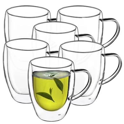 Afbeelding van KADAX Dubbelwandige glazen mok, glas met handvat, 270 ml, drinkglas voor sap, thee, koffie, drank, water, ijsthee, cappuccino, universeel glas, theeglas, hoogwaardige kwaliteit (6)
