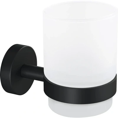 Afbeelding van tesa MOON BLACK Tandenborstelhouder van Gesatineerd Glas met Houder, mat zwart voor Industriële en Moderne Badkamers Zonder Boren, zelfklevend 96 mm x 70 109 mm,Zwart/Wit
