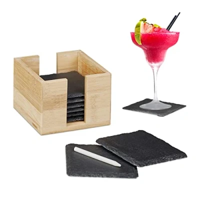 Afbeelding van Relaxdays onderzetters leisteen set van 8 krijt glasonderzetters houder glazen