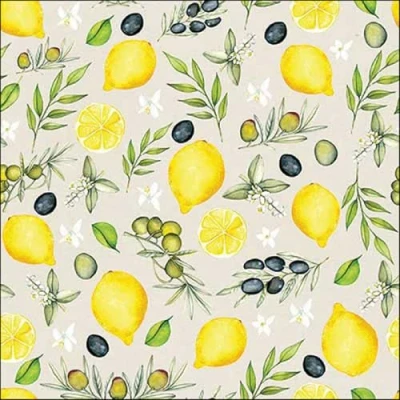 Afbeelding van 20 papieren servetten met olijven en citroenen, ook geschikt voor decoupage servettechniek, 33 x cm