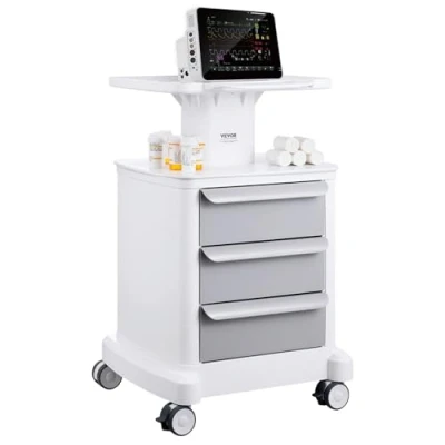 Image de VEVOR Chariot de Laboratoire Médical 4 Niveaux avec 3 Tiroirs Blanc
