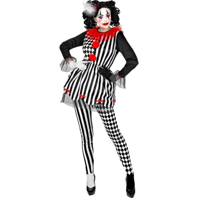 Afbeelding van Widmann Harlequin Kostuum Halloween Harlekijn Drukke Patronen Vrouw Zwart / Wit Small Verkleedkleding