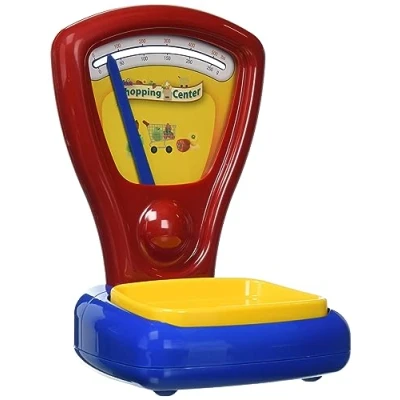 Afbeelding van Klein Toys groente en fruitschaal 16x14x24 cm incl. weegplateau, dat inzakt als je er iets op weegt rood blauw