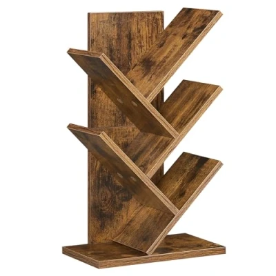 Afbeelding van VASAGLE Boomboekenkast, boekenkast op standaard met 5 niveaus, ruimtebesparend, hoekrek, planken, voor slaapkamer, woonkamer, kantoor, rustiek bruin LBC183X01