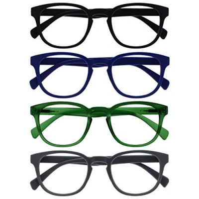 Afbeelding van OPULIZE Pop Pack 4 Retro Ronde Zwart Blauw Groen Grijs Mannen Vrouwen Leesbril Lente Scharnieren RRRR2 1367 +1,50