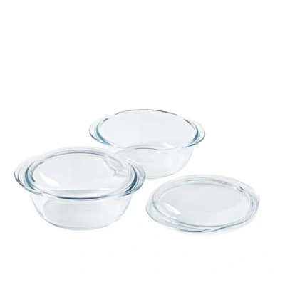 Afbeelding van Pyrex 4 In 1 Ovenschaal Rond met Deksel 2,1 liter Set van 2 Stuks Transparant Borosilicaatglas