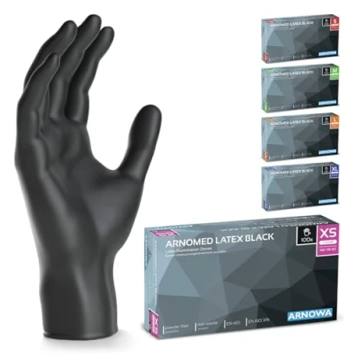 Afbeelding van ARNOMED latex handschoenen, zwart, XS, 500 stuks, latexhandschoenen, stofvrij, wegwerphandschoenen, handschoenen in de maten S, M, L, XL