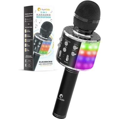 Afbeelding van AyeKids 5 in 1 Karaoke Microfoon Draadloos &amp; Bluetooth Ingebouwde Speaker Disco Lichten Incl. AUX kabel Kinderen Set Zwart
