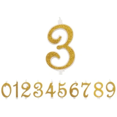 Afbeelding van IDEGOS 10 cm verjaardagskaarsen, nummer 9,3D, goud, glitter, decoratie voor verjaardagstaart, kaarsen huwelijkstaart (goud, 3)
