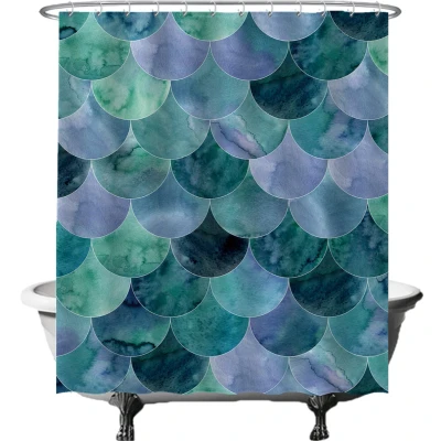 Afbeelding van Ulticool Douchegordijn Schubben Zeemeermin Golven 180 x 200 cm met 12 ringen Blauw Groen