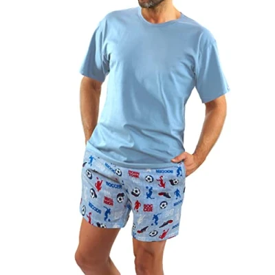 Afbeelding van Sesto Senso Pyjama voor heren, kort, katoen, T shirt, shorts, korte mouwen, zomer, shirt Lichtblauw; Shorts Lichtblauw Voetbal
