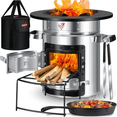 Afbeelding van KESSER® raketoven gietijzer met draagtas houtoven voor op de camping roestvrij staal zilver