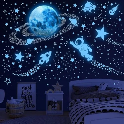 Afbeelding van 531 stuks stickers planeten fosforescerende sterren plafond zonne energie astronaut melkweg fluorescerend lichtgevende muurstickers decoratie voor baby&#039;s, kinderen, meisjes,
