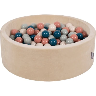 Afbeelding van KiddyMoon Velours ballenbad 90 x 30 cm / 300 ballen met een diameter van 7 cm, rond, gemaakt in de EU, zandbeige: Donkerturquoise/pastelbeige/grijsgroen/zalm