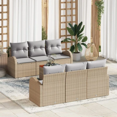 Afbeelding van vidaXL 7 Delige Tuin Sofa Set met Kussens Beige Poly Rattan Acacia