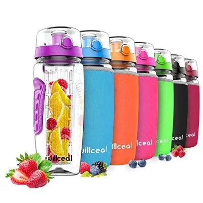 Afbeelding van willceal Waterfles met fruitinzetstuk, 0,95 l, van Tritan, BPA vrij, klapdeksel, lekvrij, geschikt voor sport en camping, paars