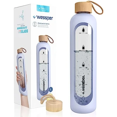 Afbeelding van Wessper 1 liter glazen drinkfles met tijdmarkeringen, BPA vrij, drinkmotivatie, waterfles van borosilicaatglas, luchtdicht bamboedeksel, herbruikbaar siliconen etui
