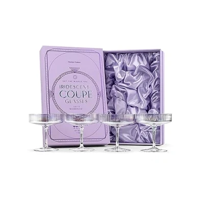 Afbeelding van GLASSIQUE CADEAU Vintage Art Deco iriserende cocktailglazen, 4 stuks, 200 ml, regenboogkleurige cocktailglazen voor het drinken van champagne, martini, cosmopolitan, kristallen schoteltjes