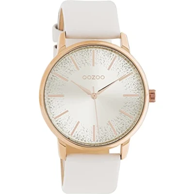 Afbeelding van Oozoo Dameshorloge met leren band en glitter wijzerplaat 40 mm, Wit/glitter, armband