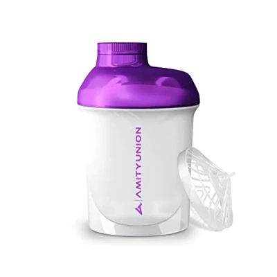 Afbeelding van AMITYUNION Women&#039;s Protein Shaker 400 ml White Purple Deluxe ORIGINAL Waterdichte proteïneshaker BPA vrij met zeef, weegschaal voor romige weishakes, fitnessbeker isolaten