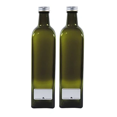Afbeelding van mikken 2 x 750 ml lege oliefles, groen/bruine glazen flessen met etiketten