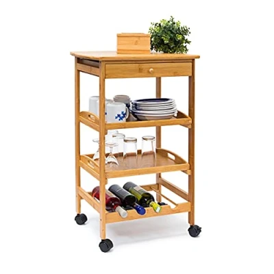Afbeelding van relaxdays keukentrolley JAMES L keukenwagen bamboe serveerwagen trolley