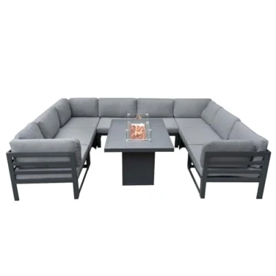 Afbeelding van Modulaire Tuinmeubelen Set 8 Zitplaatsen, U vorm Hoek Beklede Bank &amp; Gas Vuurtafel 9 Stuk Aluminium Lounge Buiten Dineren/Eten Balkon Terras Tuin Waterdichte Regenhoes Grijs Rotan Vervanger