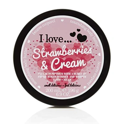 Afbeelding van I Love Strawberries &amp; Cream Body Butter, Made With 87% Naturally Derived Ingredients Including Shea Butter Coconut Oil For Soft Hydrated Skin, Moisturising Lightly Scented, Contains Natural Fruit Extracts, Vegan Friendly 200ml