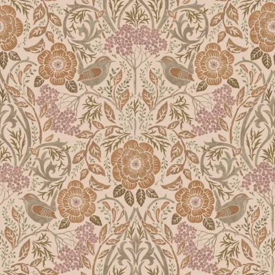 Afbeelding van ESTAhome behang bloemen en vogels in art nouveau stijl beige, terracotta oudroze 139567 0.53 x 10.05 m