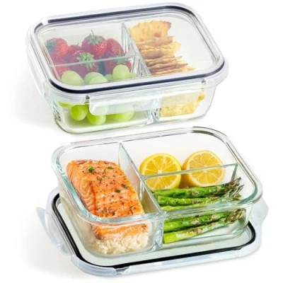 Afbeelding van Praknu Meal Prep Glazen containers met vak, 2 voedselcontainers 3 vakken, 1 l, magnetronbestendig, vaatwasmachinebestendig en vriezer