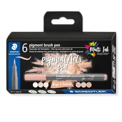 Afbeelding van STAEDTLER Brush Pen Pigment Arts, hoogwaardige tekeninkt, penseelpunt voor variabele lijnbreedte, waterdicht, sneldrogend, 6 penseelstiften in verschillende kleuren etui