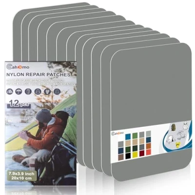 Afbeelding van Cahomo 12 stuks nylon reparatiepleisters, zelfklevend, waterdicht, 20 x 10 cm, voor jassen, tenten, outdoorkleding, grijs