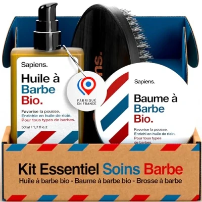 Afbeelding van Sapiens Barbershop Baardverzorgingsset voor heren, biologische baardolie + baardbalsem borstel van wildzwijnharen, onmisbaar baardverzorging, gemaakt in Frankrijk