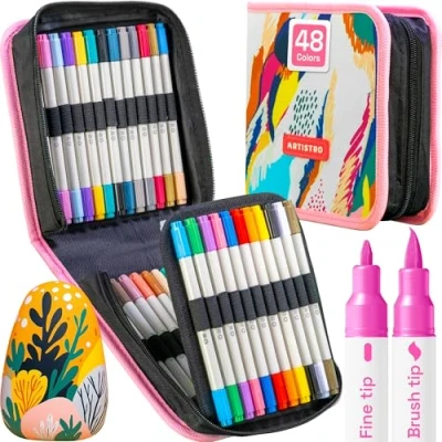 Afbeelding van ARTISTRO Acrylverfstiften, kunstset, acrylstiften met dubbele punt, voor stof, canvas, steen, glas, hout, papier, knutselen (dubbele punt + fijn, 48).