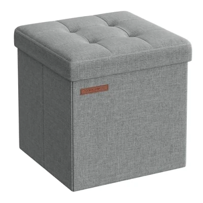 Afbeelding van SONGMICS Opbergkruk, kleine opvouwbare poef, 30 x cm, kubusvormige voetensteun met opslag, belastbaar tot 130 kg, voor woonkamer, slaapkamer, slaapzaal, lichtgrijs LSF028G02