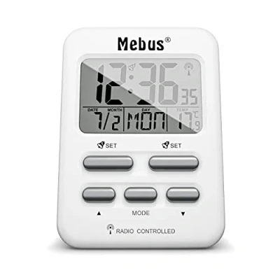 Afbeelding van MEBUS Funkweker met temperatuurweergave in reismaat, schakelaar (DCF77), twee monitoren, alarm Weckwiederhouder (snooze), datum, woonkamertag, displayverlichting, kleur: wit, model: 25800