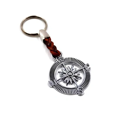 Afbeelding van sleutelhanger ring kompas mooi afgewerkt aan het einde van een lederen band, 7 cm plus 2,5 cm, zilver, 9,5 zilver.