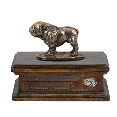 Afbeelding van Persoonlijke urn hond voor bulldog as met houten beeldje