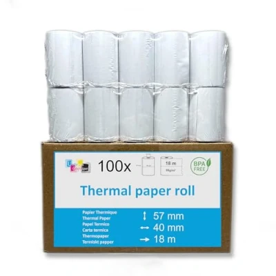 Afbeelding van Doos met 100 standaard thermische papierrollen 57 x 40 12 voor betaalterminal tpe merk UNIVERS GRAPHIQUE terugvorderbare btw