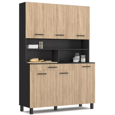Afbeelding van CINA 120 CM keukenkast met 6 deuren + lade, afwerking zwart en beuken