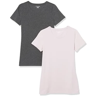 Image de Amazon Essentials T Shirt Col Rond à Manches Courtes Coupe Classique Women&#039;s, Pack of 2, Charbon Chiné/Violet Clair, S