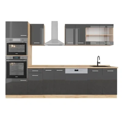 Afbeelding van Vicco Kitchenette R Line antraciet hoogglans/gouden eik, 300 cm, met hoge kast, zonder werkblad