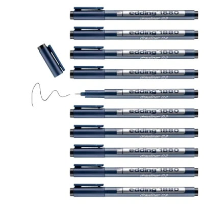 Afbeelding van edding 1880 precisiestift zwart 10 pennen lijnbreedte 0,3 mm fijnstift voor nauwkeurig schrijven en schetsen metalen gecoate fijne punt geschikt linialen stencils
