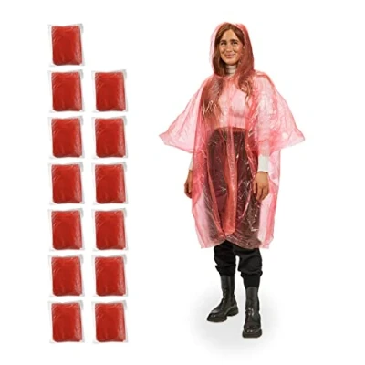 Afbeelding van Relaxdays regenponcho set van 13 regenkledij fiets regencape met capuchon uniseks rood