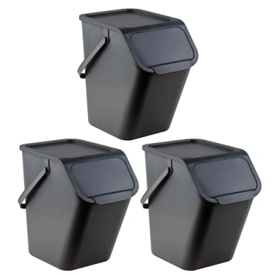 Afbeelding van Go Practic Set van 3 stapelbare vuilnisemmer, afvalscheidingssysteem voor de keuken, met klikdeksel, x 25 liter, grijs