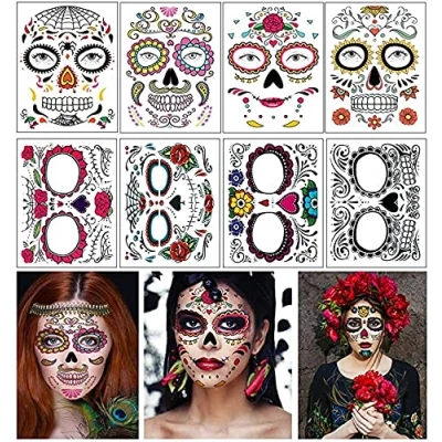 Afbeelding van Suiker Dag van de Doden Gezicht Tattoos, 8 vellen tijdelijke tatoeages voor Halloween, feest